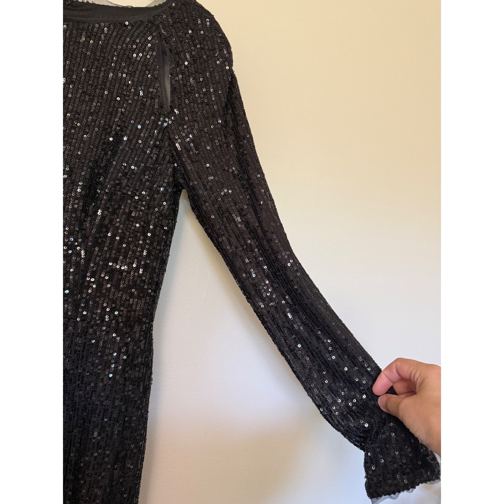 Black Sequin Long Sleeve Maxi Dress Shoulder Cut Out Side Slit Formal Gown - Picture 6 of 16